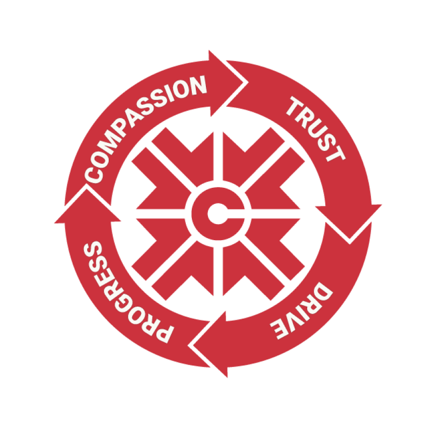 First Community Bank seal, Compassion, trust, drive, and progress circling around it. 