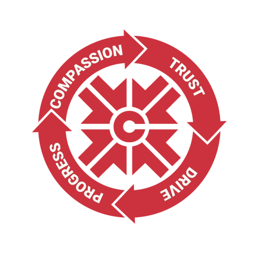 First Community Bank seal, Compassion, trust, drive, and progress circling around it.